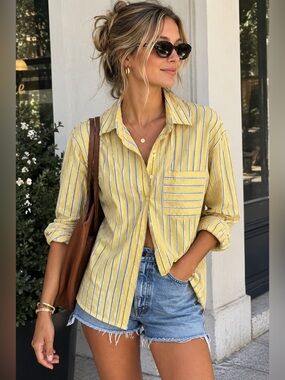 LIFE Yellow Striped Button-Down Shirt with Blue & White Stripes